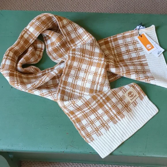 NWT Timberland cream and tan plaid scarf - Picture 2 of 8